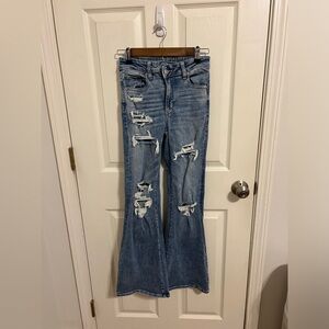 American Eagle Blue Flare Jeans with Distressed Details